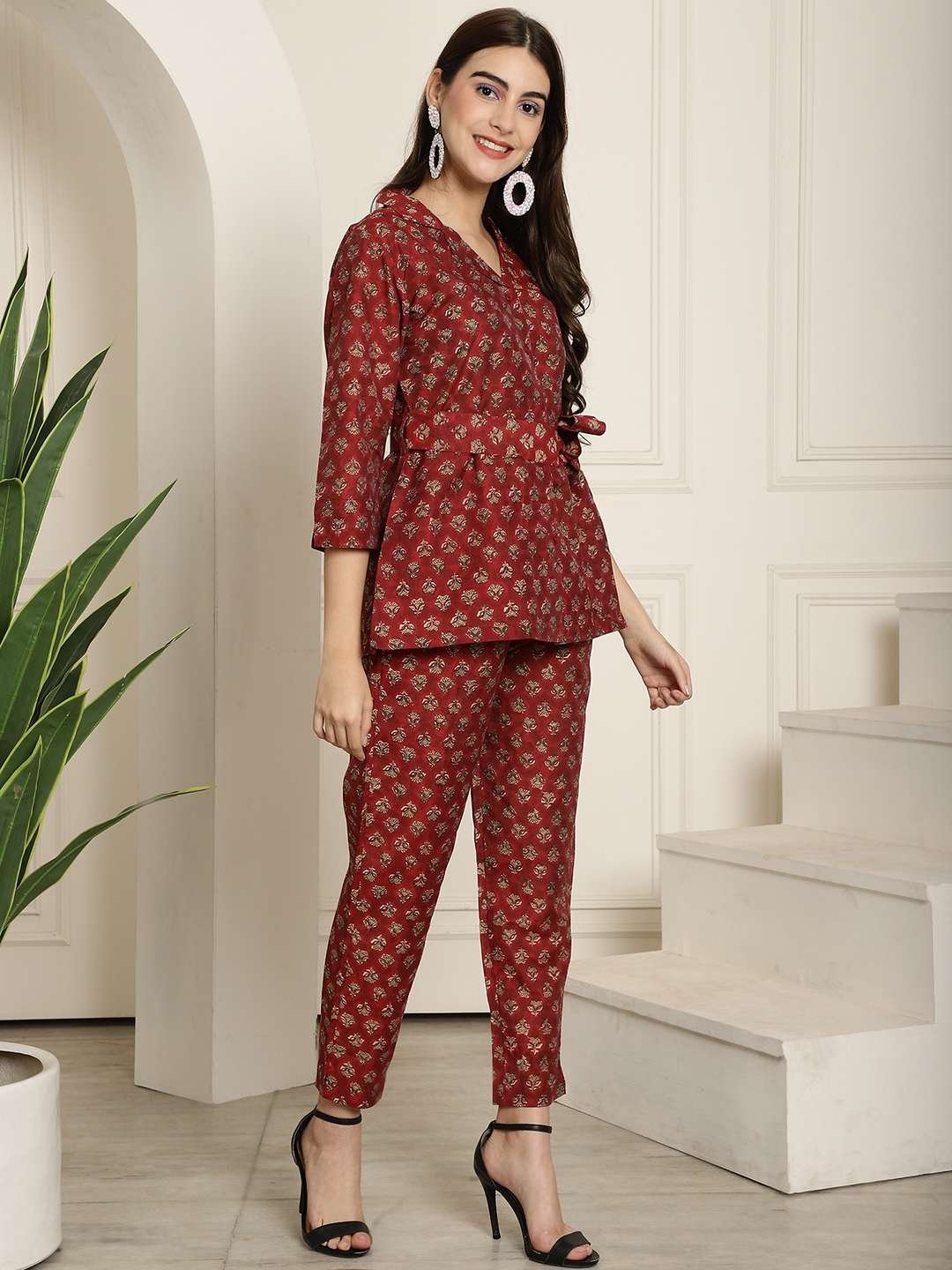Women's Pure Cotton Printed Collared Top and Pant Co-ord Set (Maroon) - Image 3