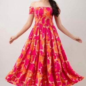 Women's Viscos Rayon Printed Off Shoulder Midi Dress For Summer And Casual Wear (Pink Strip)
