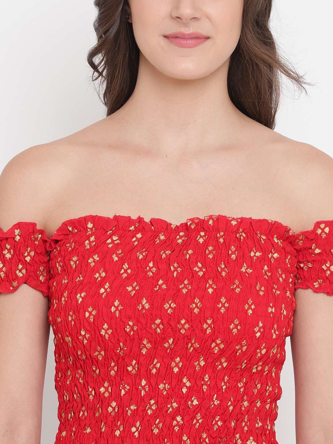 Women's Rayon Printed Off-Shoulder Smocked Crop Top Short Sleeve Casual Styles Tank Top (FREE SIZE) Multi9 - Image 4